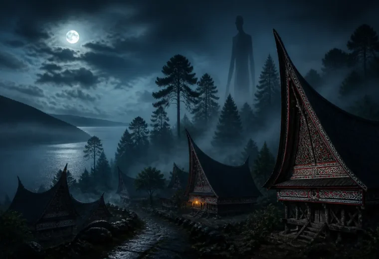 Ilustrasi Begu Ganjang menjulang di balik hutan dan rumah Batak Toba pada malam berkabut