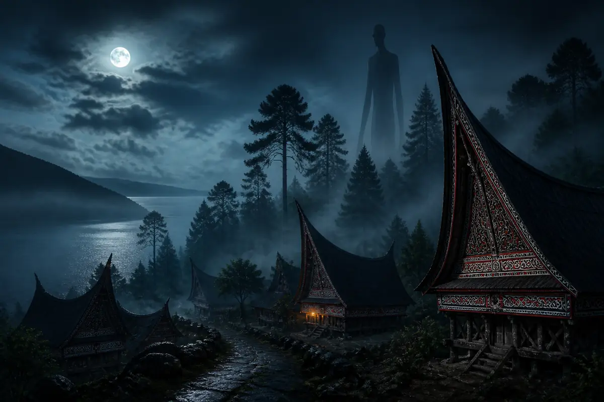 Ilustrasi Begu Ganjang menjulang di balik hutan dan rumah Batak Toba pada malam berkabut