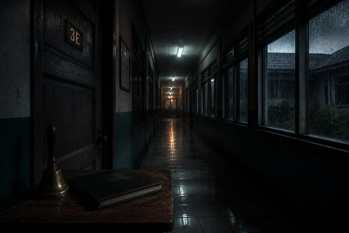 Lorong sekolah gelap dengan pintu kelas 3E dan bel kuningan