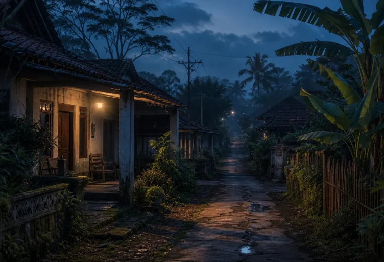 Jalan kampung Indonesia saat senja untuk artikel cerita horor Indonesia