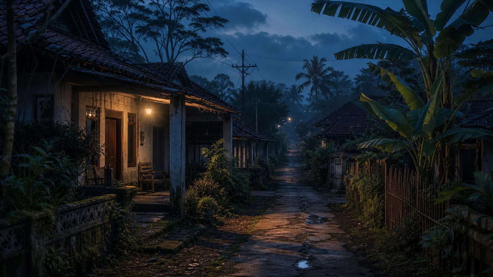 Jalan kampung Indonesia saat senja untuk artikel cerita horor Indonesia