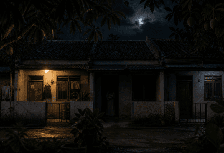 Ilustrasi cerita horor kontrakan Tangerang dengan rumah petakan kosong pada malam hari