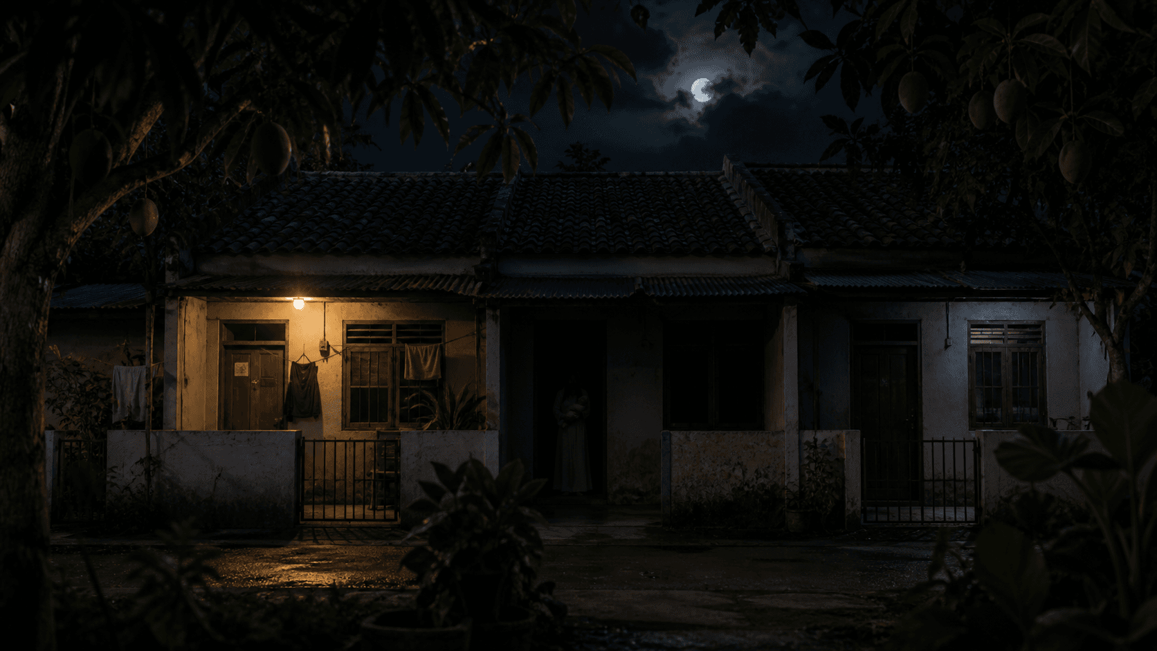 Ilustrasi cerita horor kontrakan Tangerang dengan rumah petakan kosong pada malam hari