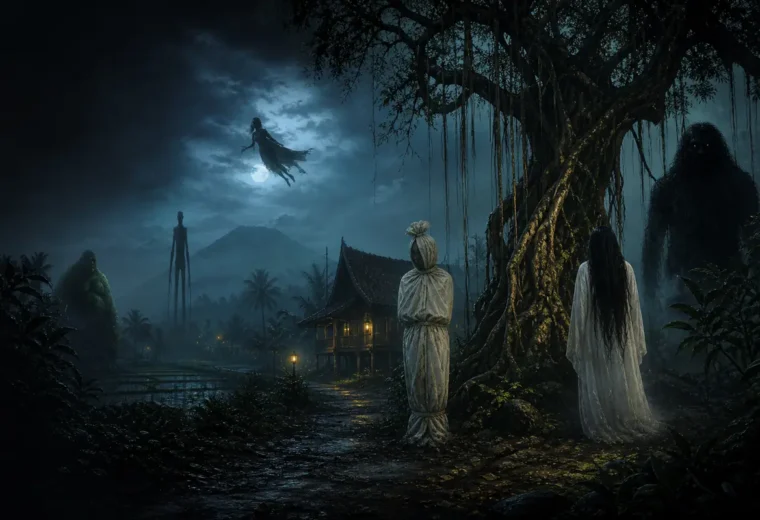 Ilustrasi hantu Indonesia seperti pocong, kuntilanak, genderuwo, dan begu ganjang di desa berkabut