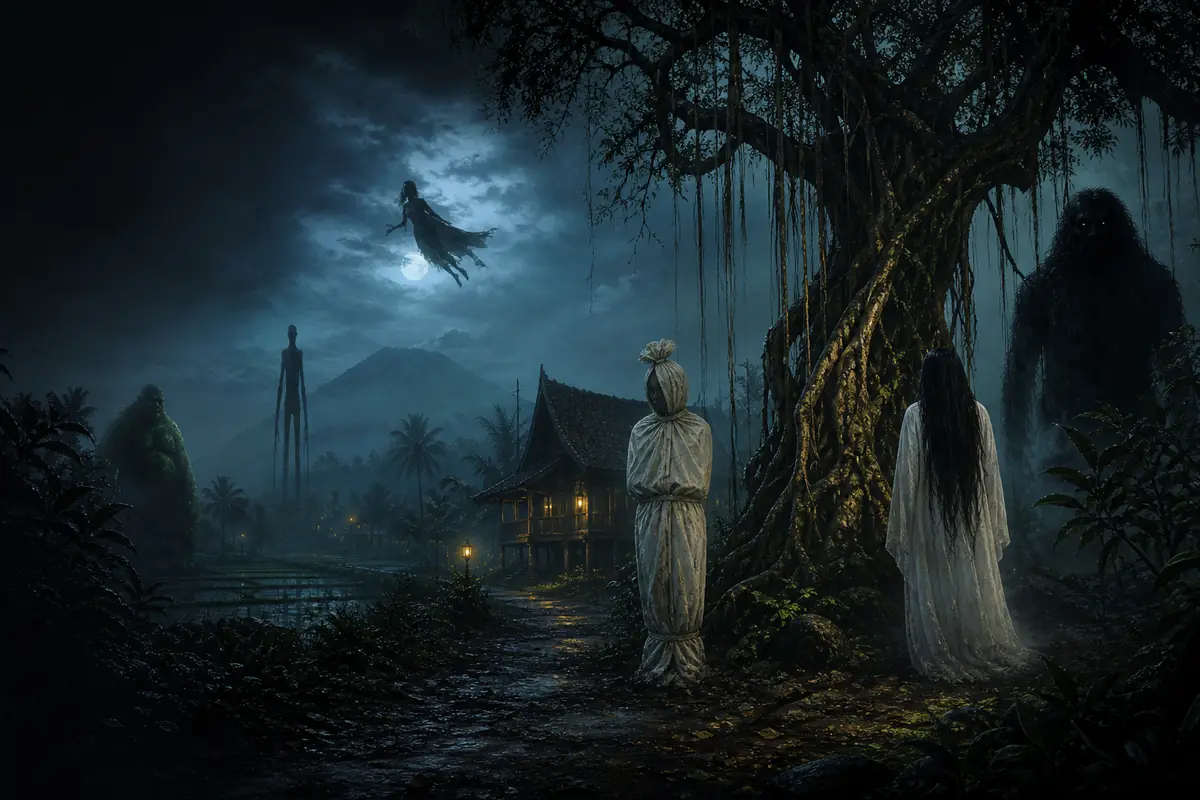 Ilustrasi hantu Indonesia seperti pocong, kuntilanak, genderuwo, dan begu ganjang di desa berkabut