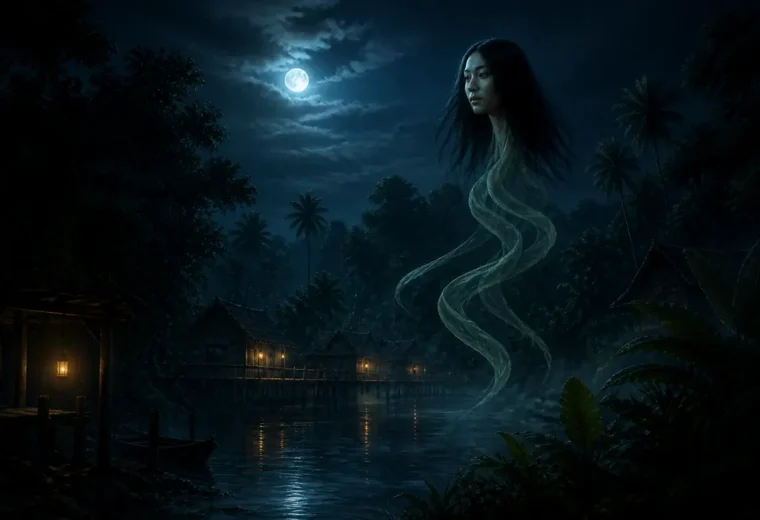 Ilustrasi Kuyang dari Kalimantan melayang di atas desa sungai pada malam hari