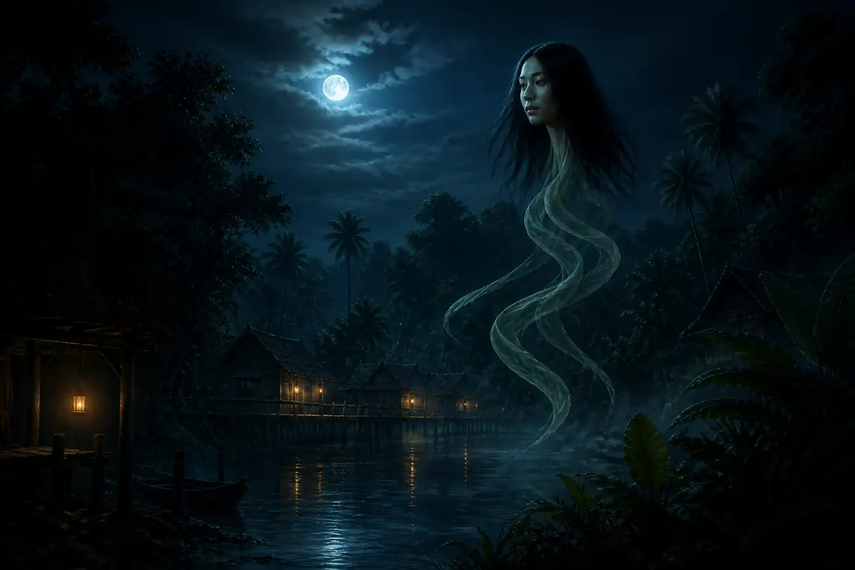 Ilustrasi Kuyang dari Kalimantan melayang di atas desa sungai pada malam hari