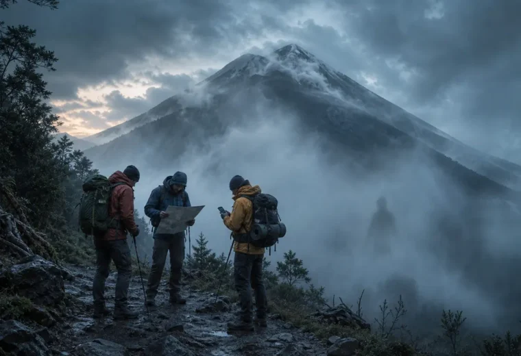 pendaki di jalur gunung berkabut yang dianggap angker