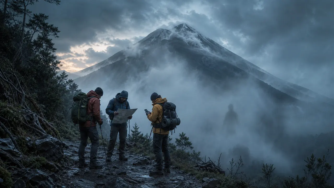 pendaki di jalur gunung berkabut yang dianggap angker