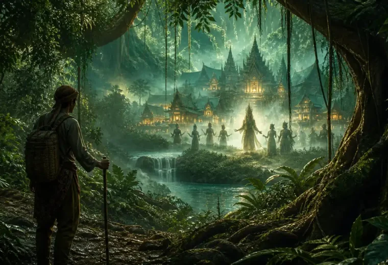 Ilustrasi kampung Orang Bunian di hutan Sumatra