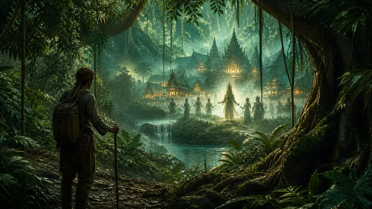 Ilustrasi kampung Orang Bunian di hutan Sumatra