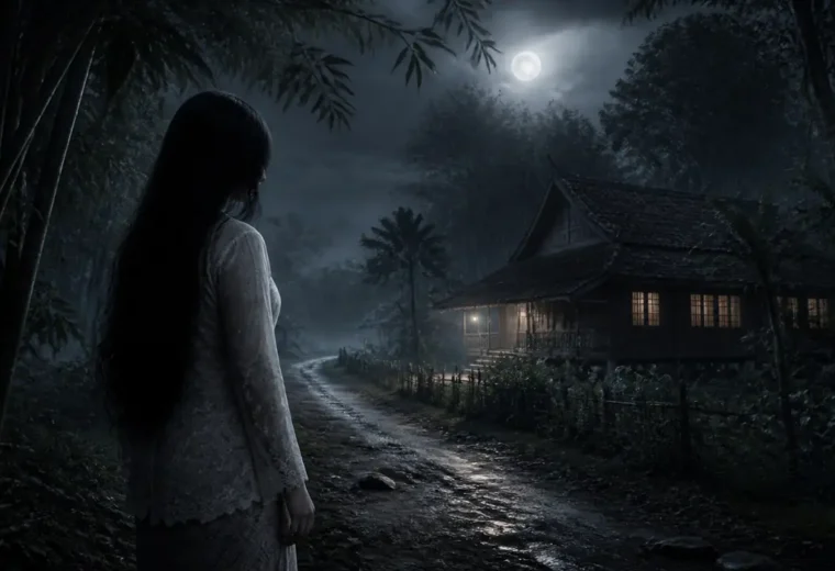 Ilustrasi Sundel Bolong di jalan desa pada malam hari