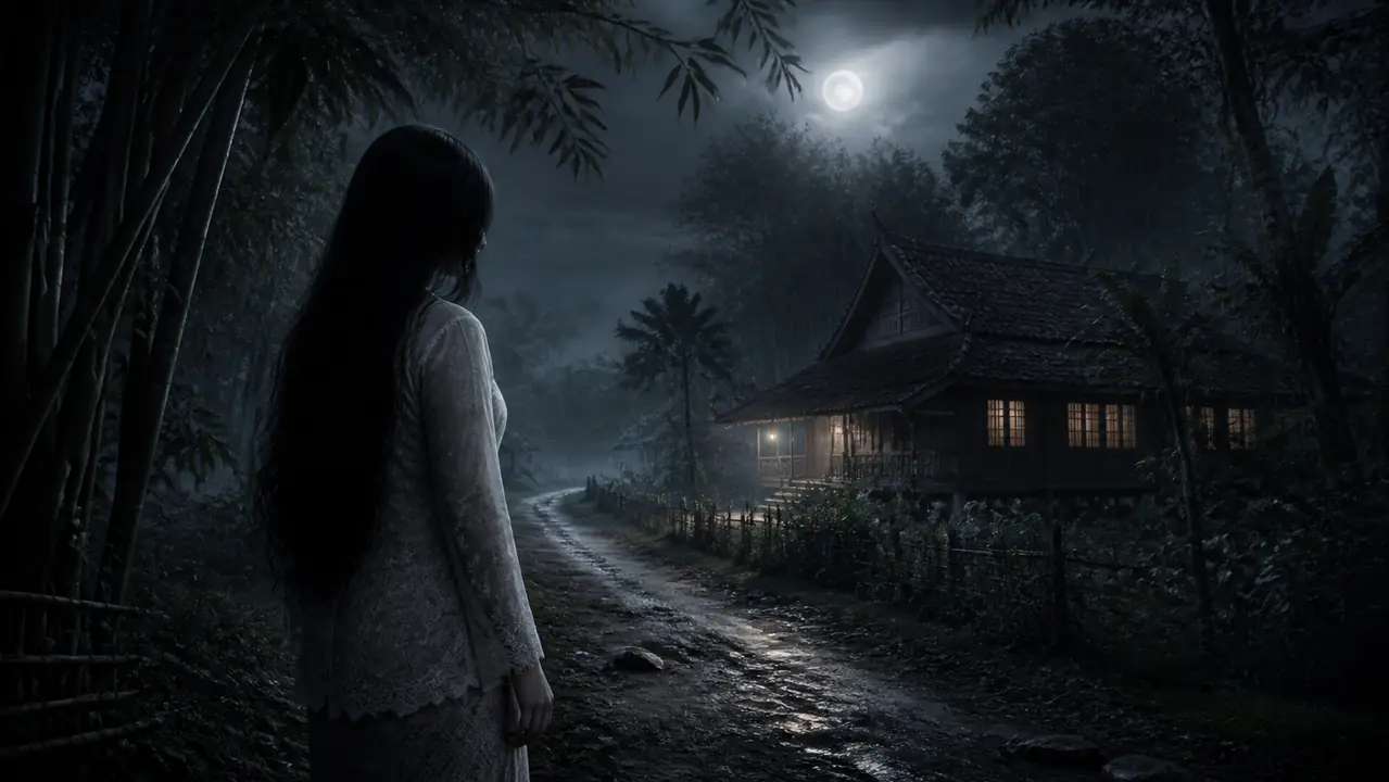 Ilustrasi Sundel Bolong di jalan desa pada malam hari