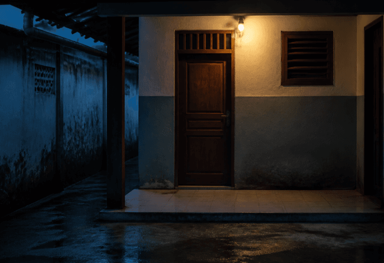 Pintu kontrakan pada malam hari sebagai ilustrasi tanda kontrakan angker