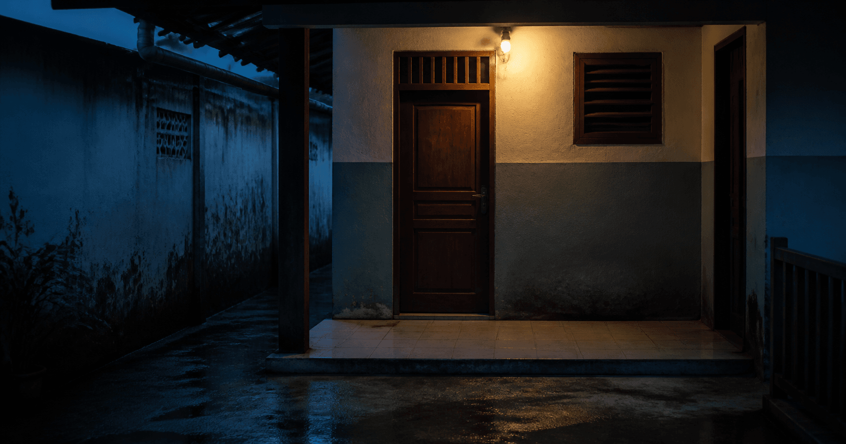 Pintu kontrakan pada malam hari sebagai ilustrasi tanda kontrakan angker