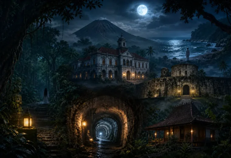 Ilustrasi tempat angker di Indonesia berupa bangunan kolonial, gunung, hutan, benteng, terowongan, dan pantai pada malam hari