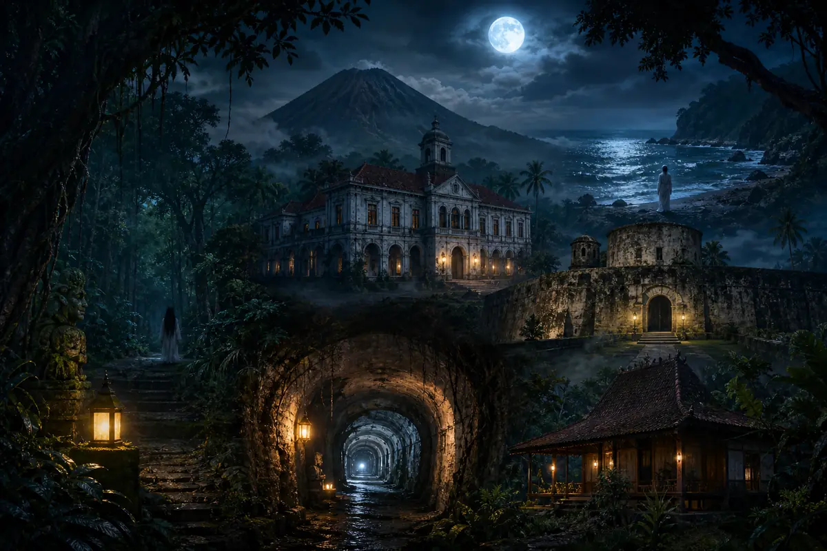 Ilustrasi tempat angker di Indonesia berupa bangunan kolonial, gunung, hutan, benteng, terowongan, dan pantai pada malam hari